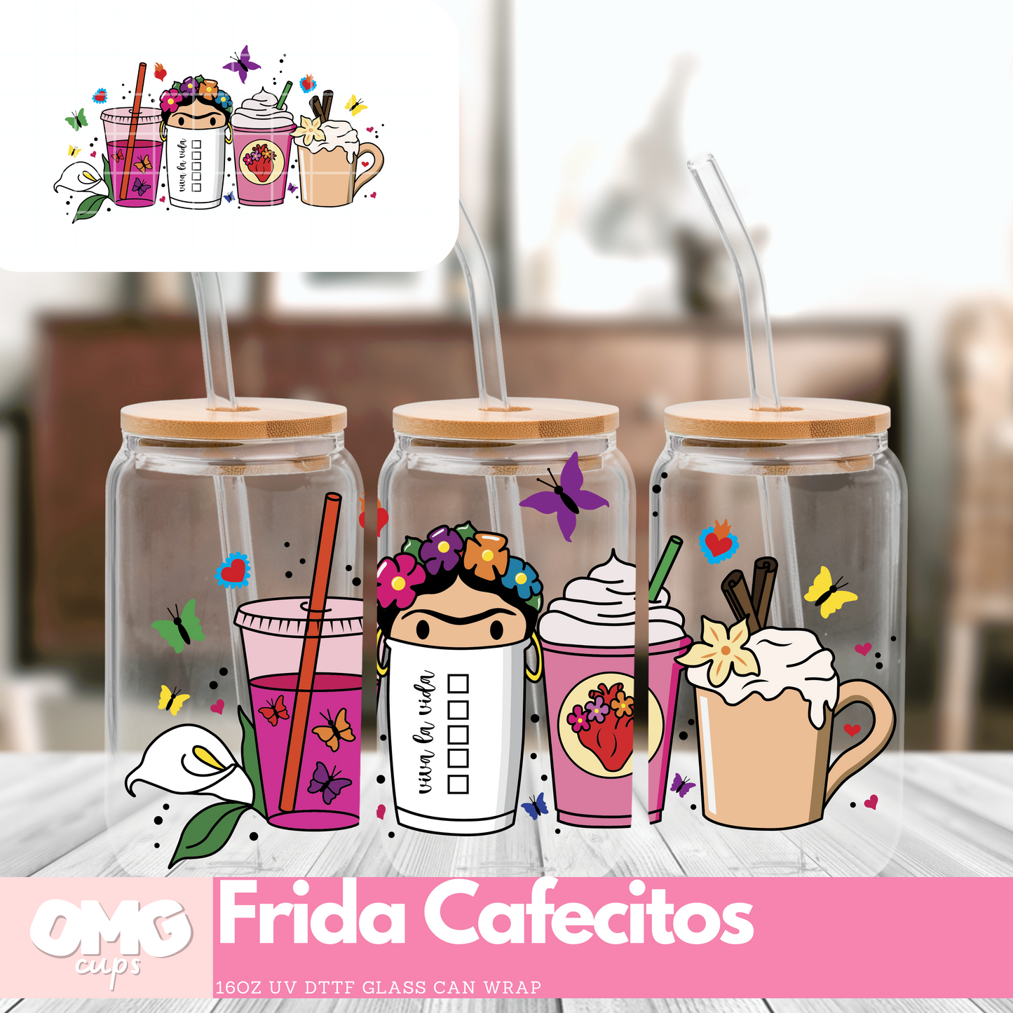 Frida Cafecitos | 16oz UV Glass Can Wrap (Wrap Only - No Glass Can Included)