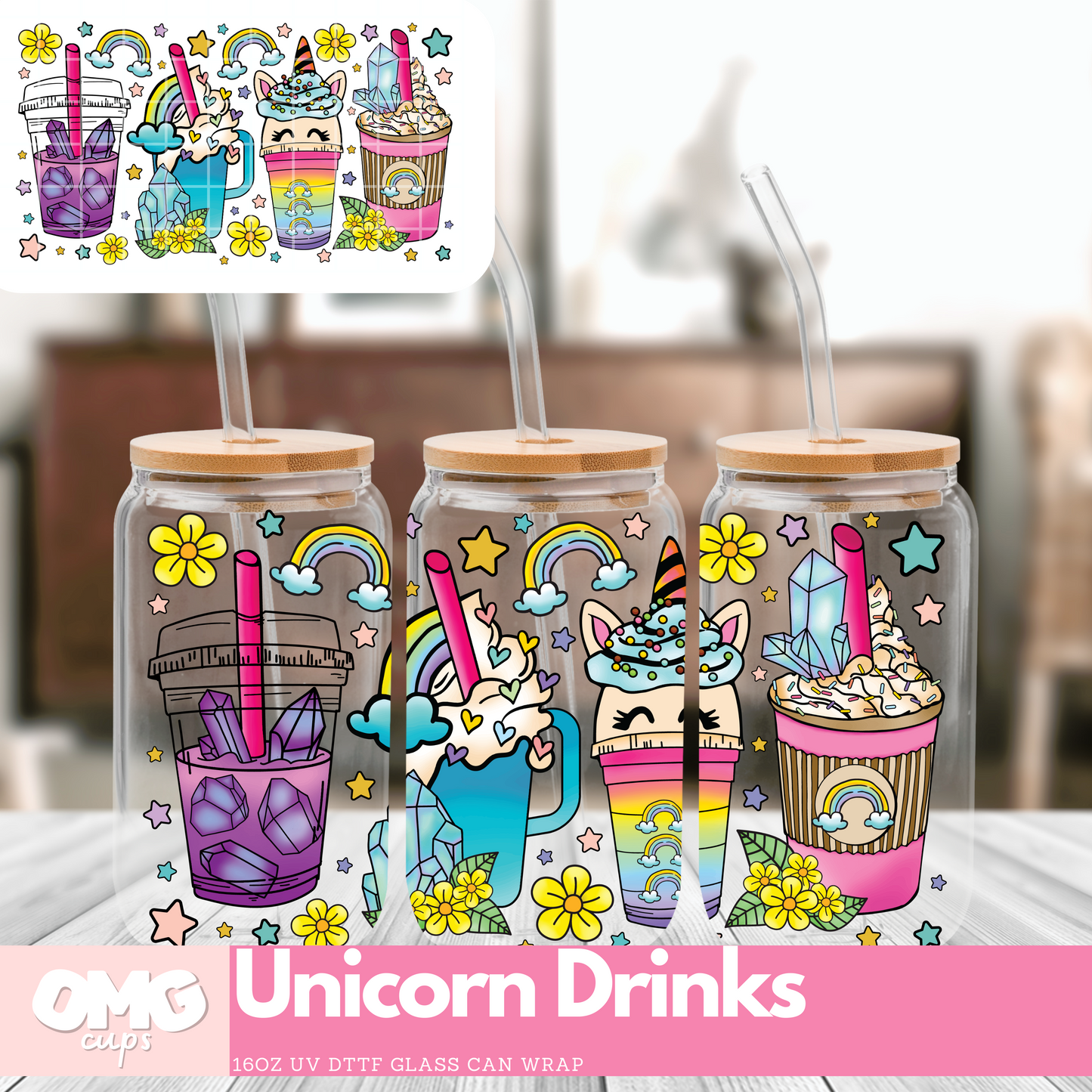 Unicorn Drinks | 16oz UV Glass Can Wrap (Wrap Only - No Glass Can Included)