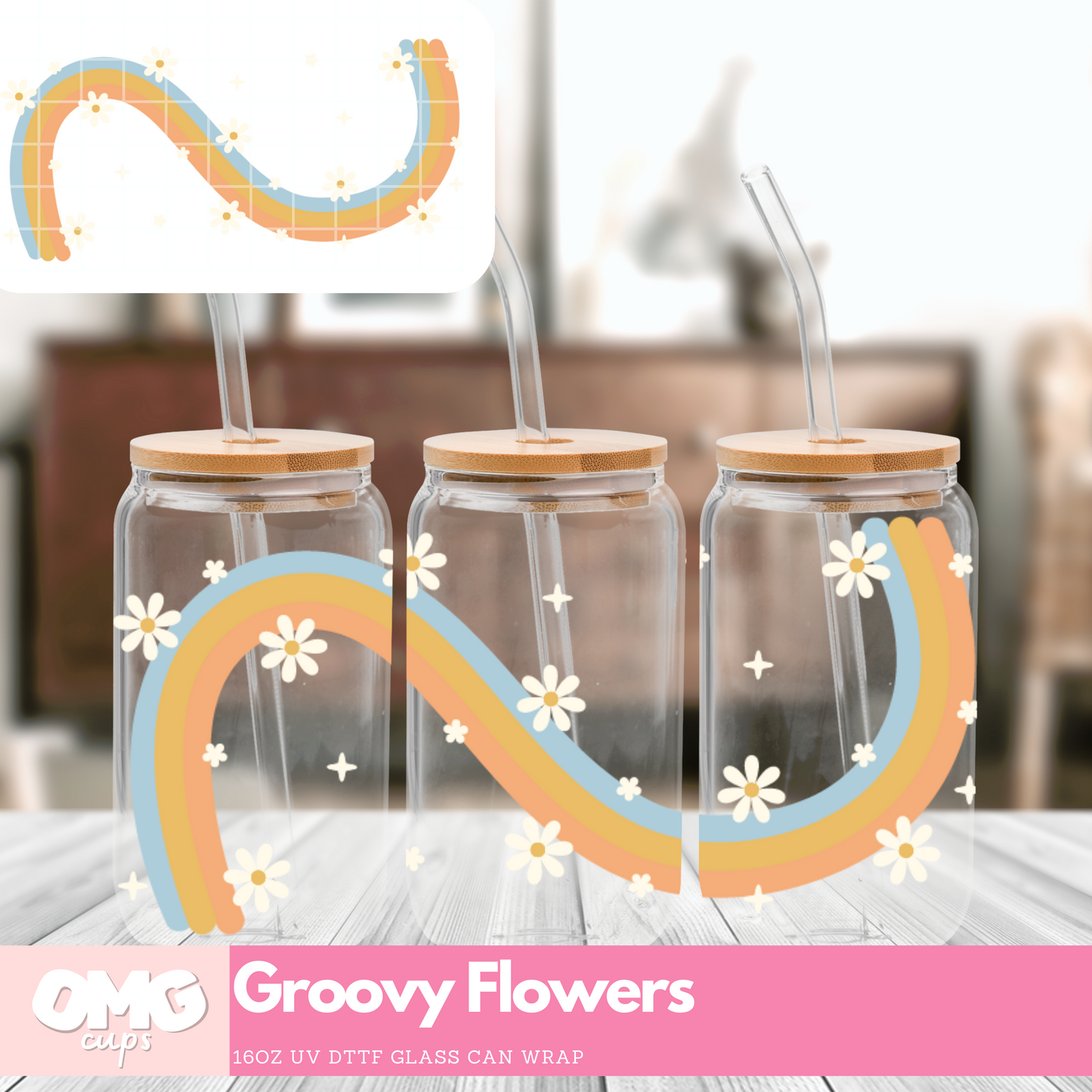 Groovy Flowers | 16oz UV Glass Can Wrap (Wrap Only - No Glass Can Included)