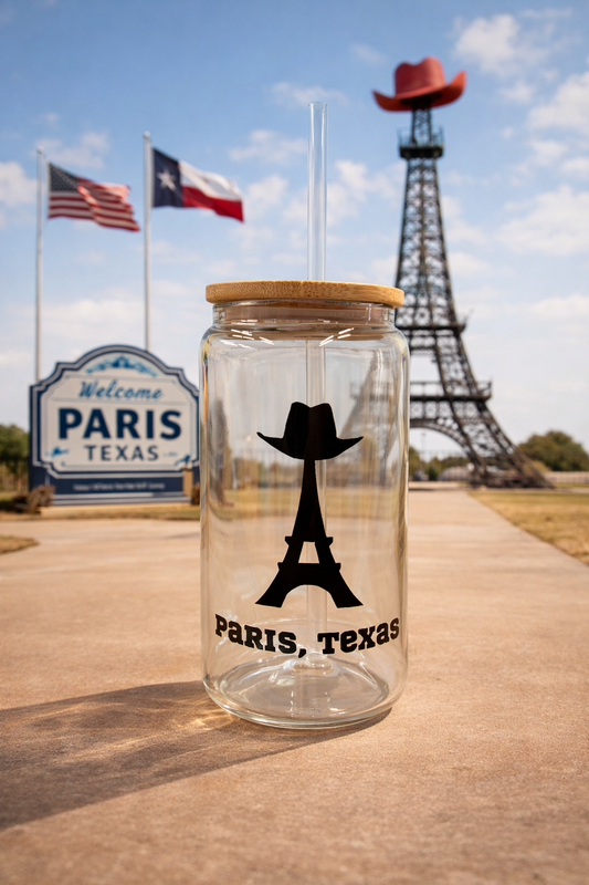 Paris Texas Souvenir 16oz Glass Can | Western Eiffel Tower Design