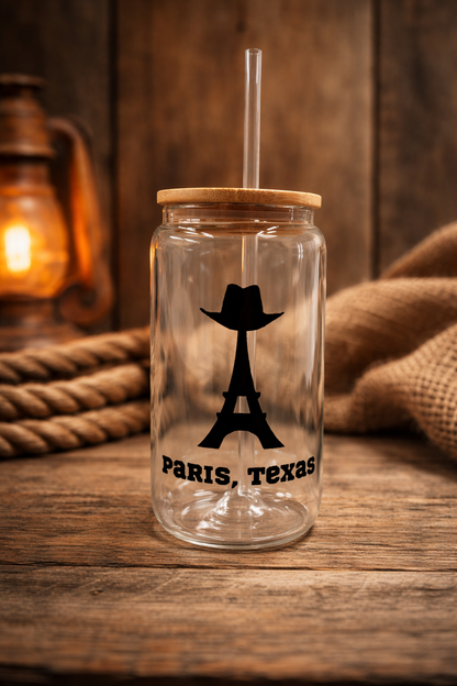 Paris Texas Souvenir 16oz Glass Can | Western Eiffel Tower Design