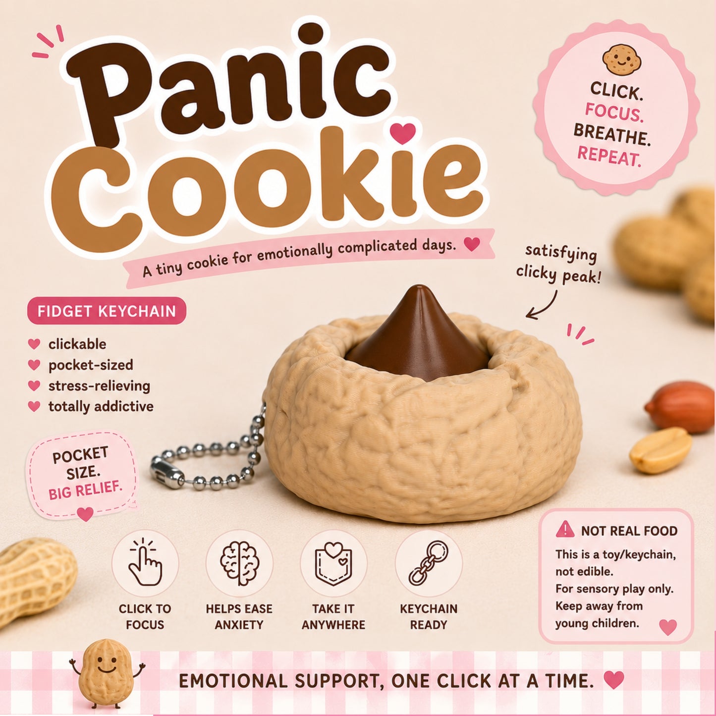 Panic Cookie Fidget Clicker | 3D Printed with Keychain