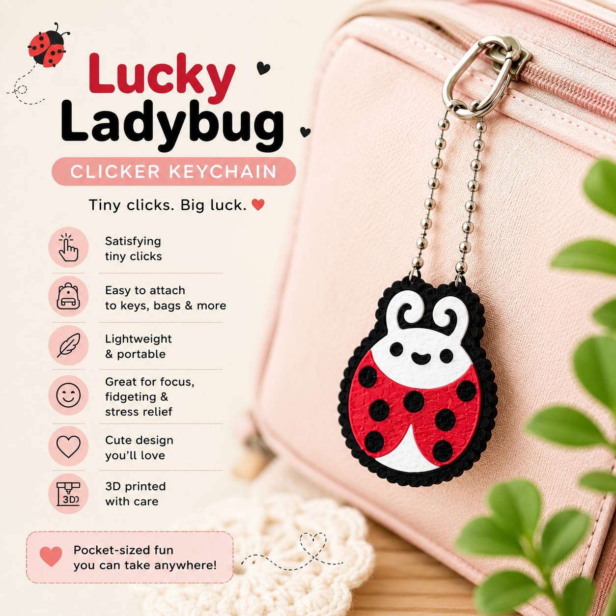 Lucky Ladybug Fidget Clicker Keychain | 3D Printed