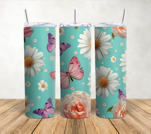 Butterflies and Flowers Teal | 20oz Sublimation Tumbler Wrap