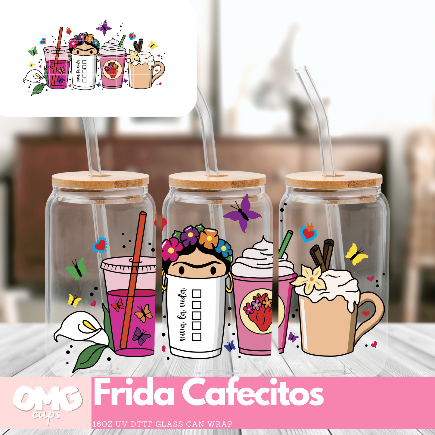 Frida Cafecitos - UV Wrap 16oz Glass Can