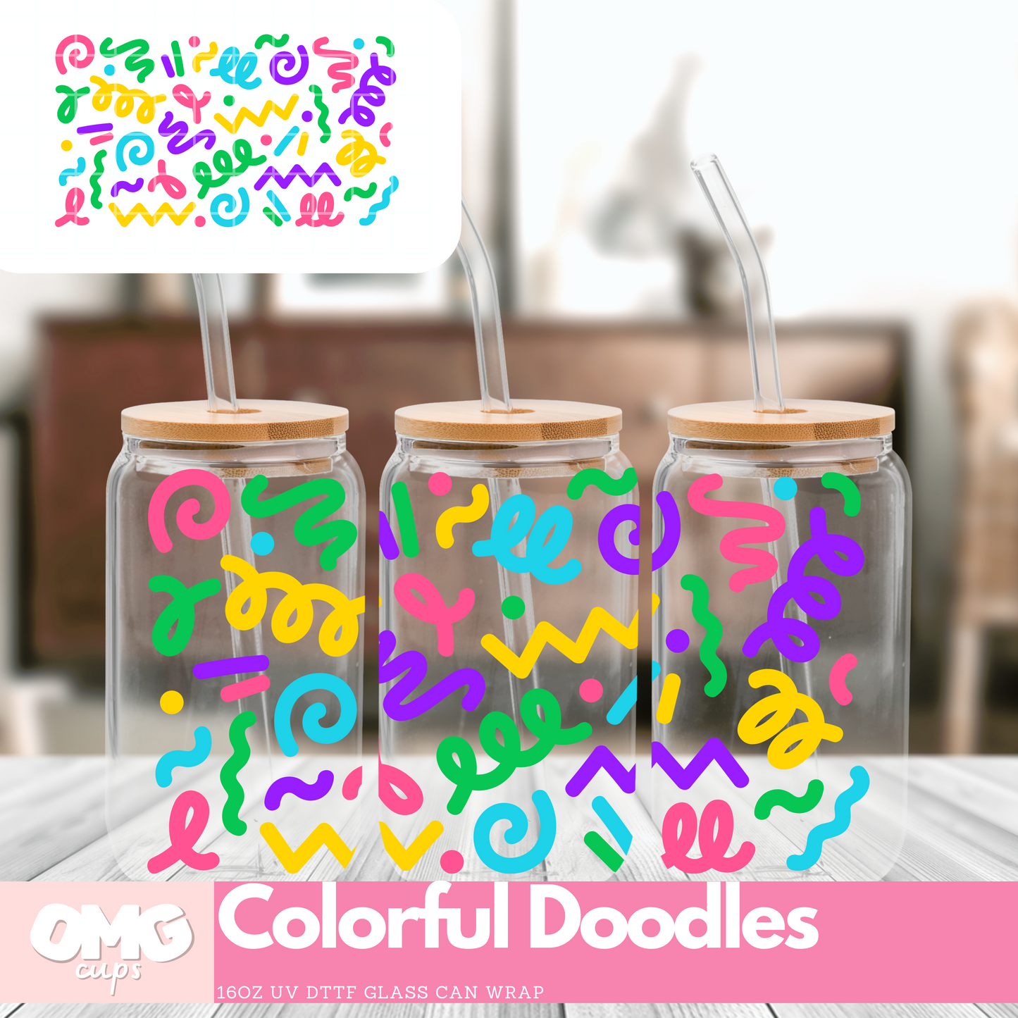 Colorful Doodles - UV Wrap 16oz Glass Can
