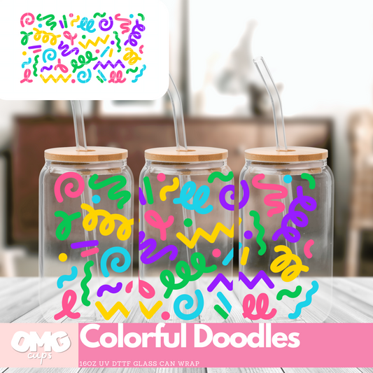 Colorful Doodles - UV Wrap 16oz Glass Can