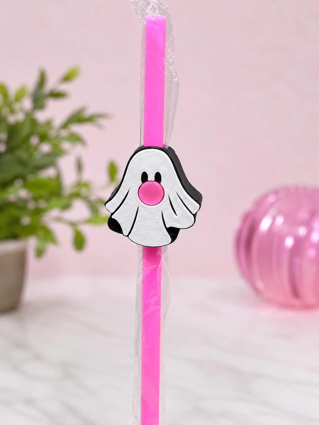 Ghost Pop Straw Topper + Hot Pink Straw | 3D Printed Halloween Accessory