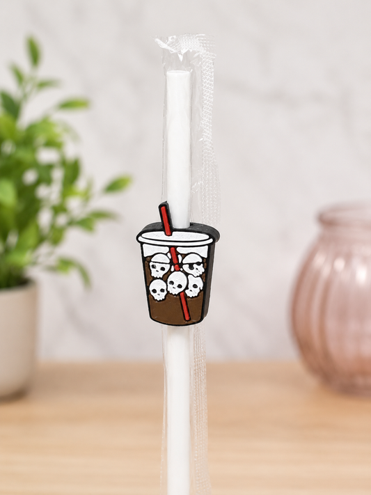 Skull Espresso Straw Topper + White Straw | 3D Printed Halloween Accessory