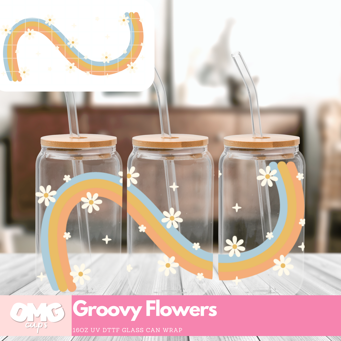 Groovy Flowers - UV Wrap 16oz Glass Can