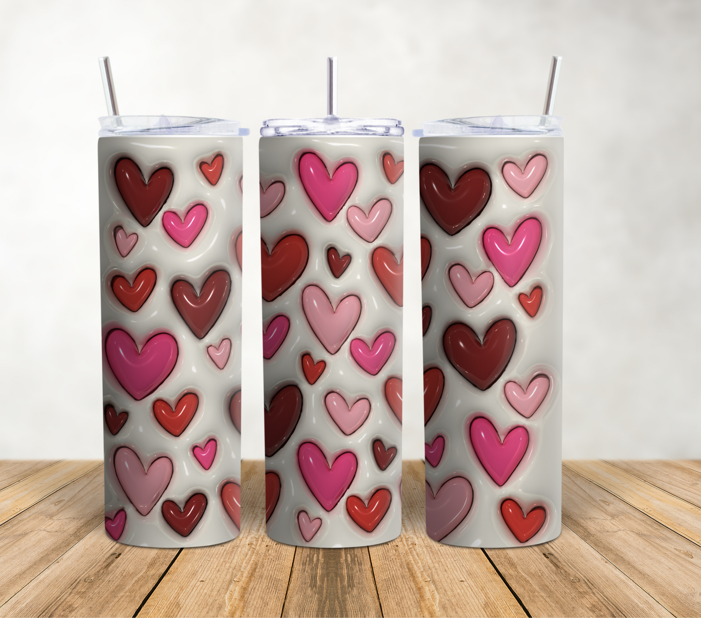 Red and Pink Hearts Puff/3D - 20oz Tumbler Wrap