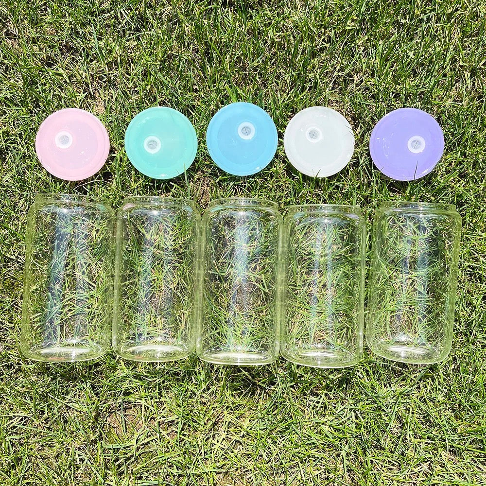 Clear Sublimation Glass Can (Plastic Colorful Lids) 16oz