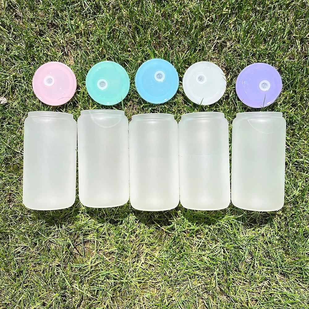 Frosted Sublimation Glass Can (Plastic Colorful Lids) 16oz