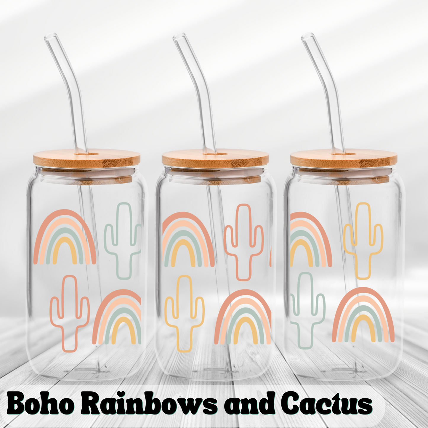 Bohos Rainbows and Cactus - UV Wrap 16oz Glass Can