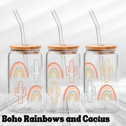 Bohos Rainbows and Cactus - UV Wrap 16oz Glass Can