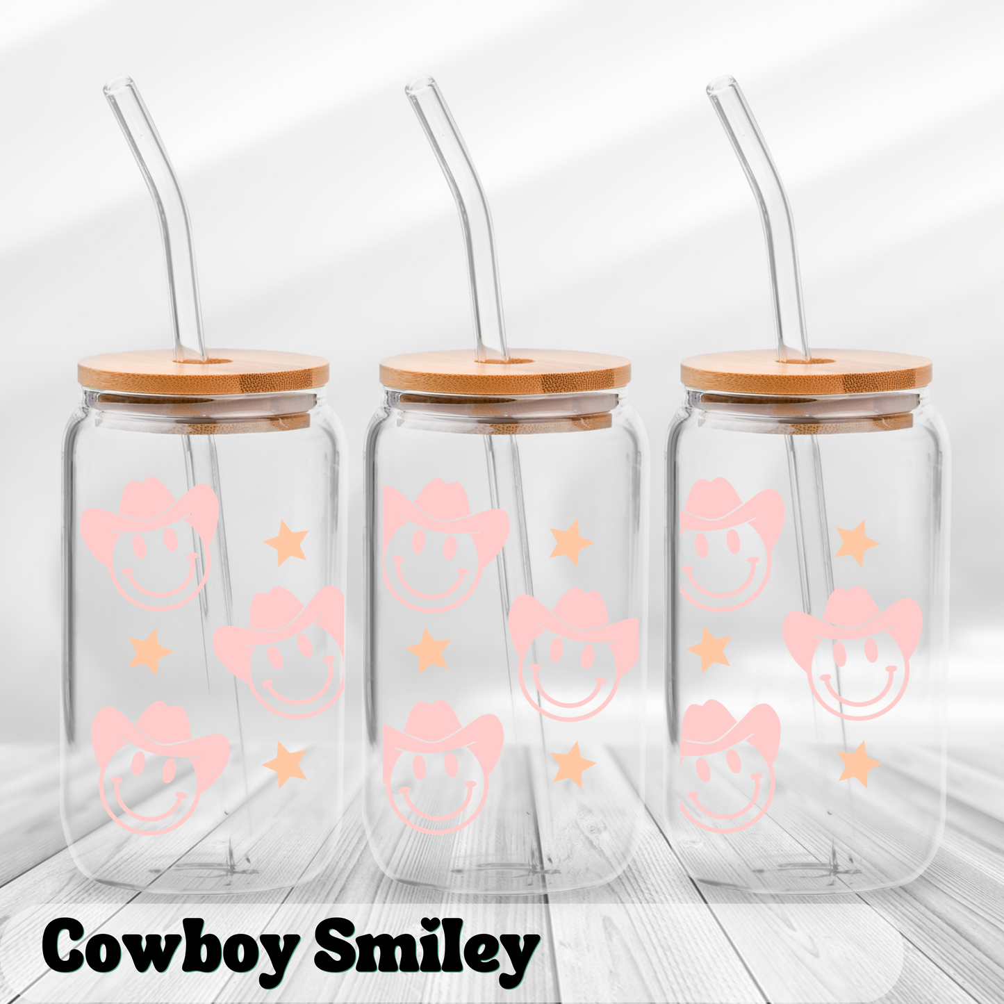Cowboy Smiley - UV Wrap 16oz Glass Can